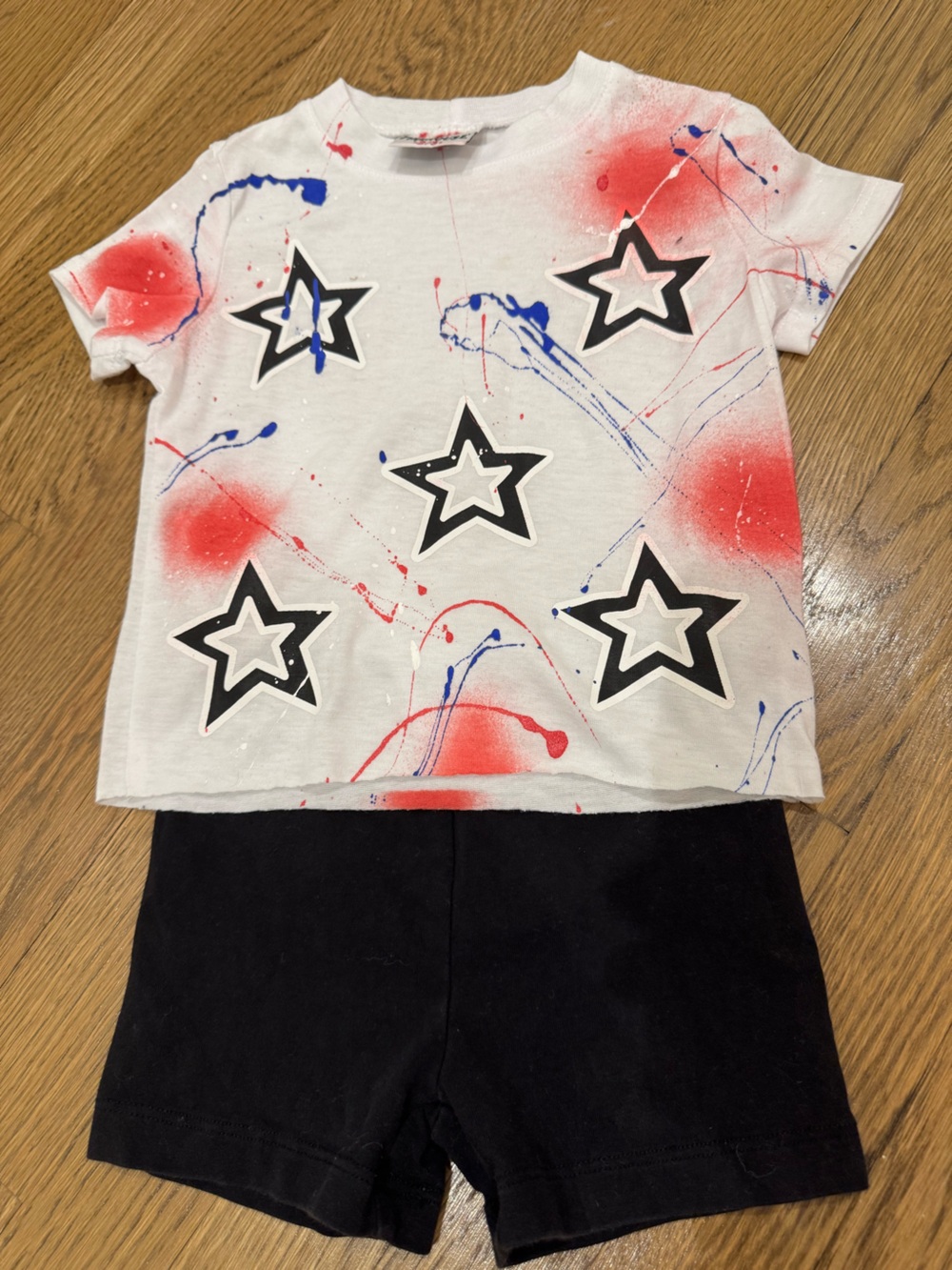 Firehouse Patriotic Red White & Blue Stars Tee & Black Shorts NWT